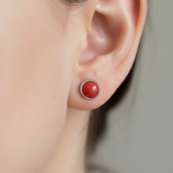 Jewelry - Sterling Silver Bezel Set Red Coral Stud Earrings 925‎ Gemstone